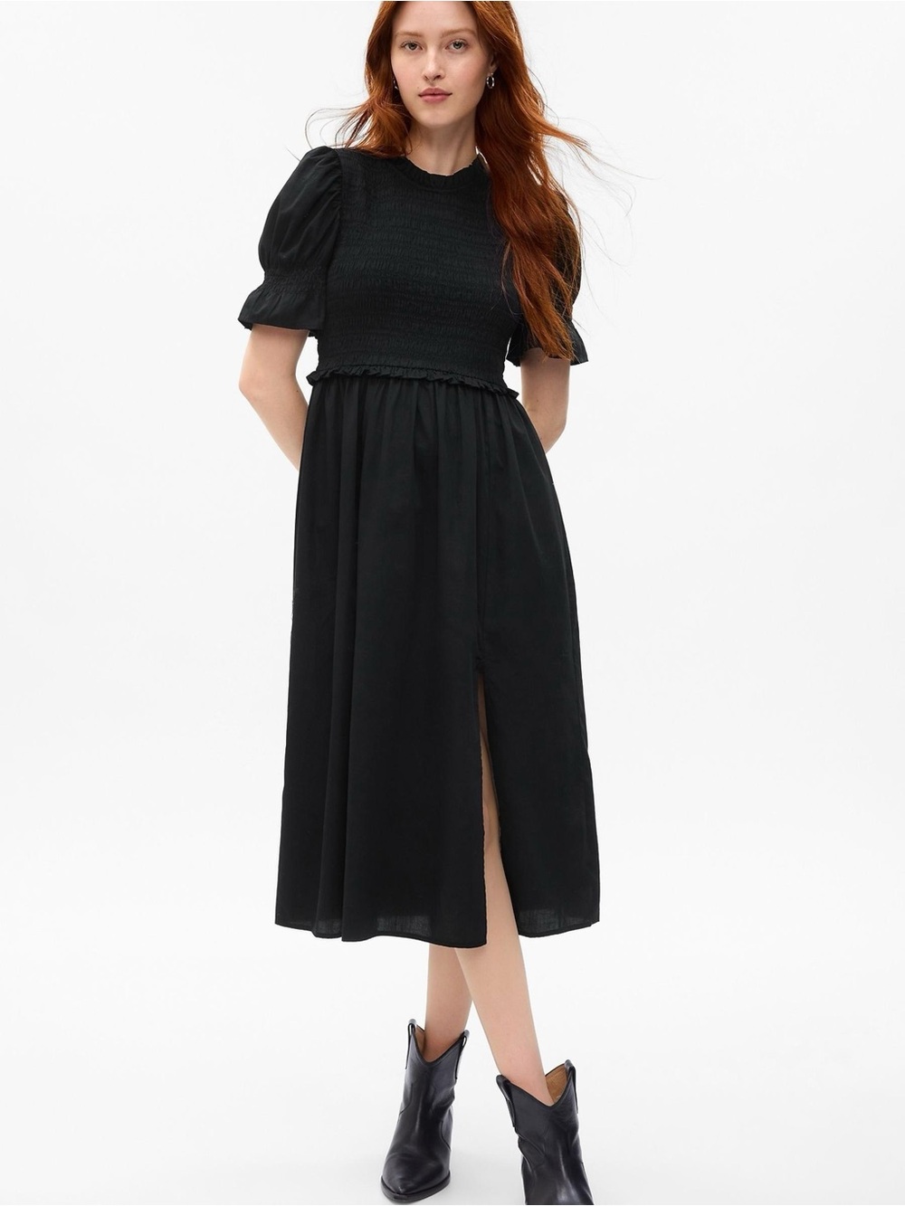 GAP Black Puff Sleeve Smocked black Midi Dress XS